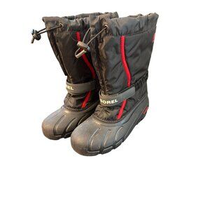 Sorel Youth Flurry Black Red Insulated Winter Snow Boots Wool Inserts Size 7